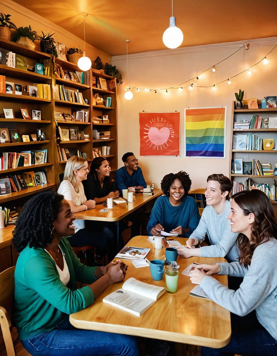 A diverse group of adults engaged in lively discussions in a cozy, welcoming café setting, adorned with sex-positive art and literature on the shelves. The atmosphere is warm, inclusive, and colorful, reflecting various identities and orientations. There are elements like rainbow flags, positive affirmations, and playful decor to emphasize a supportive community. Soft lighting casts a friendly glow over the scene, inviting viewers into the conversation. vibrant colors. cozy atmosphere. illustration.